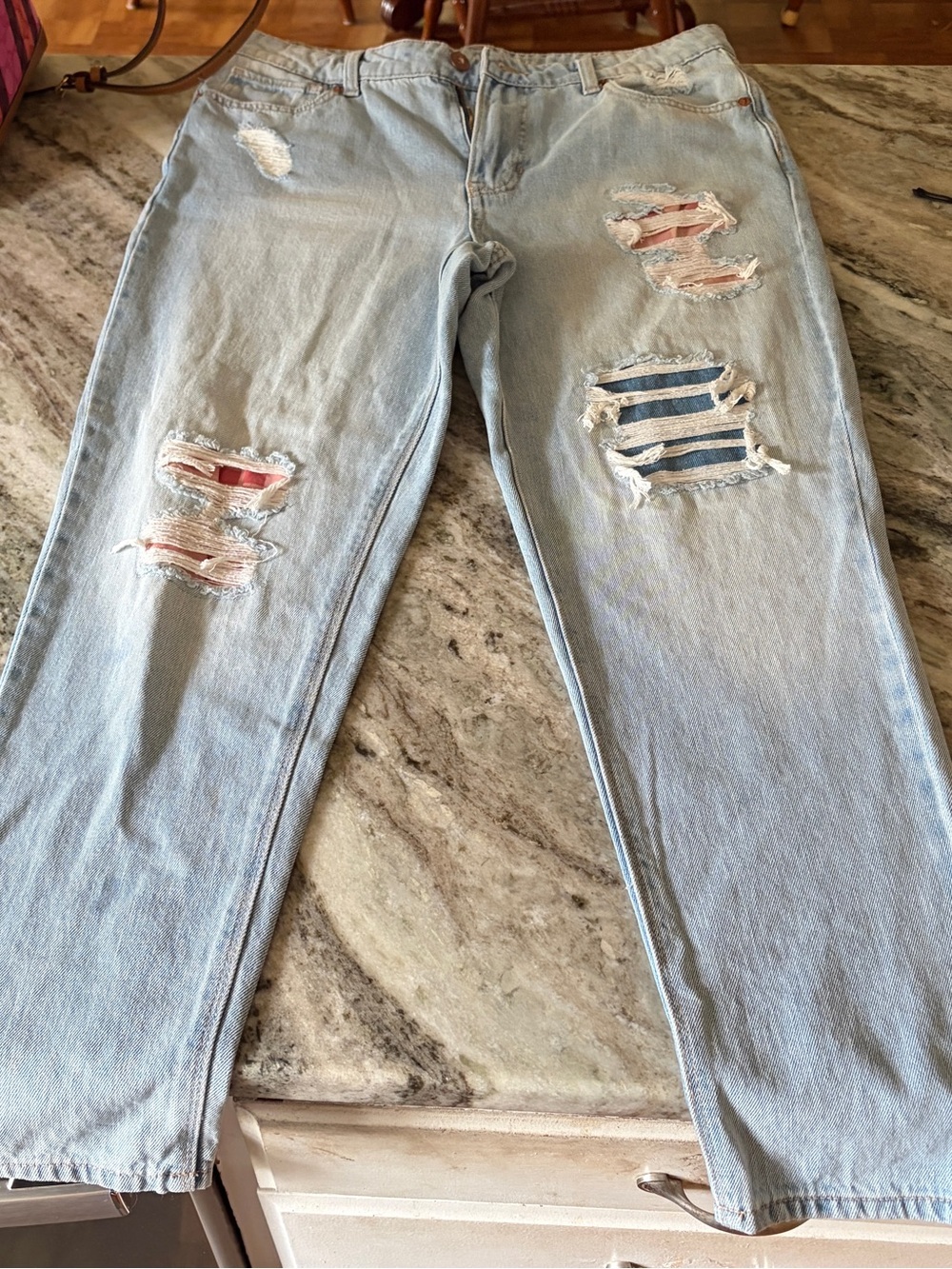 No Boundaries Light Wash Boyfriend Jeans with Pink & Blue Patch Details